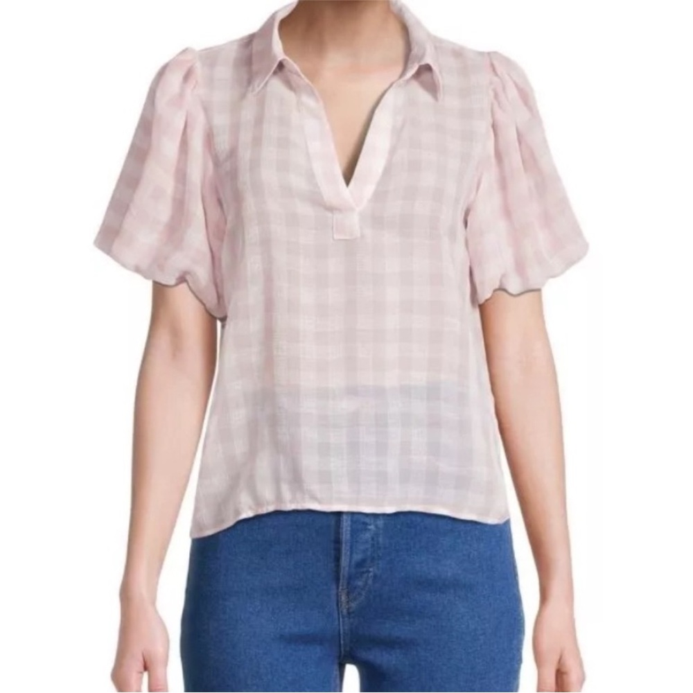 Laundry by Shelli Segal gauzy gingham check puff sleeve collared top, size small